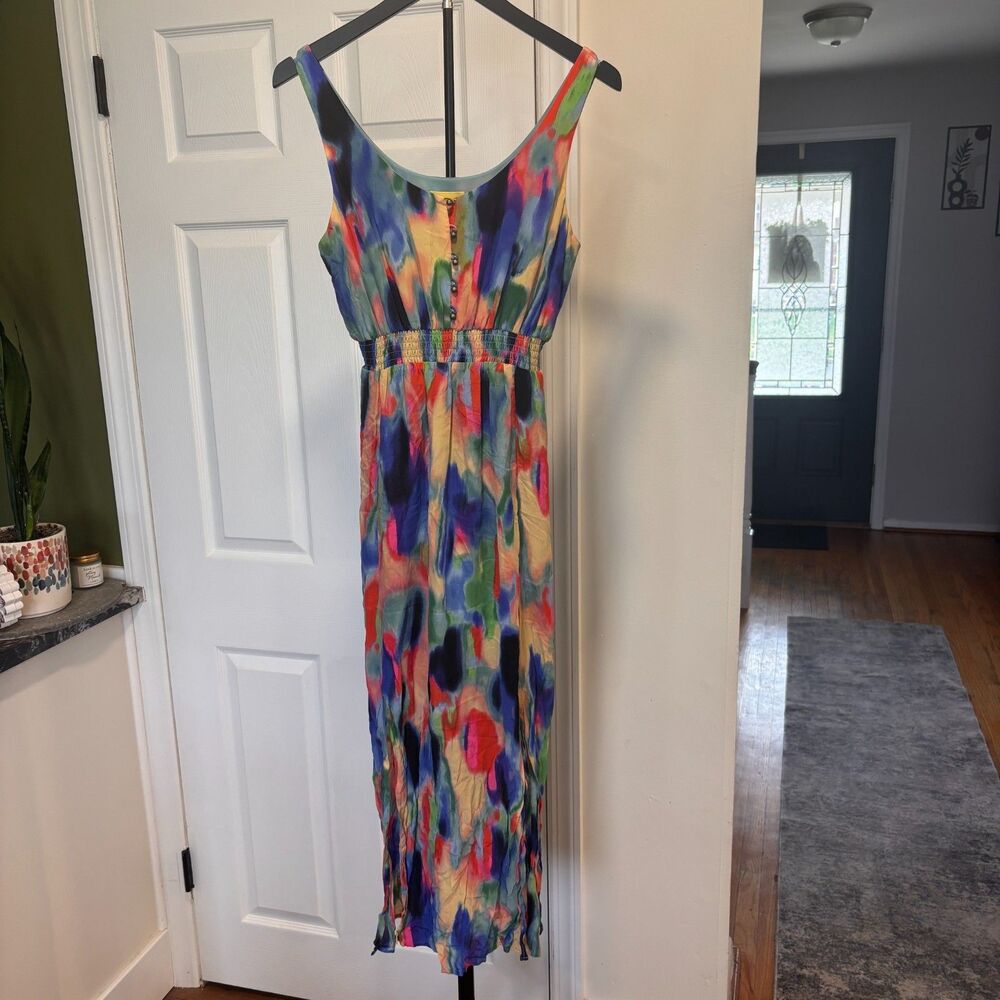 Anthropologie Maeve Silk Aloisia Watercolor Maxi Dress w/ Peekaboo Skirt Size 2P - Picture 2 of 8